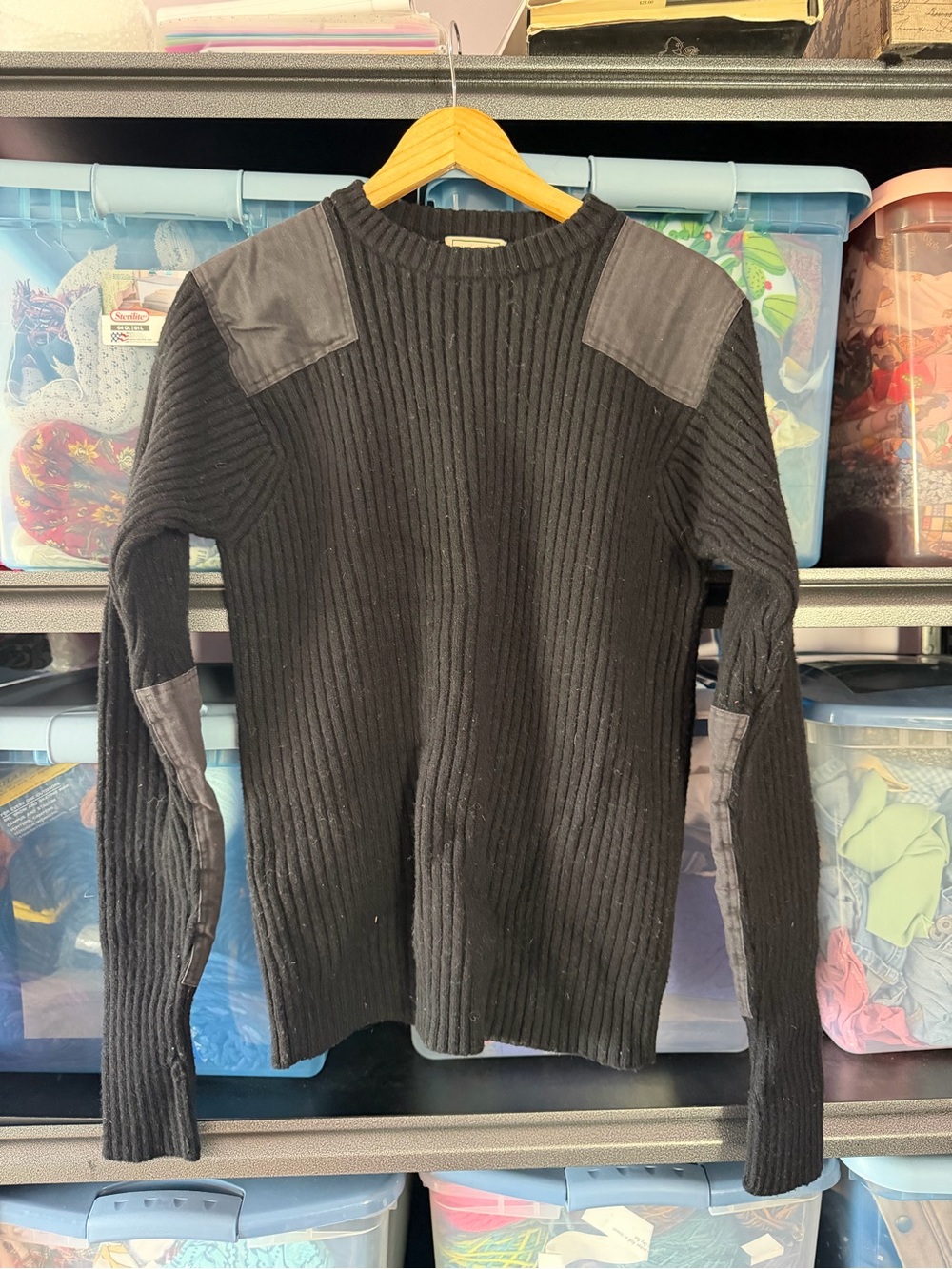 L.L. Bean Lambswool Black Ribbed Crewneck Sweater with Shoulder & Elbow Patches